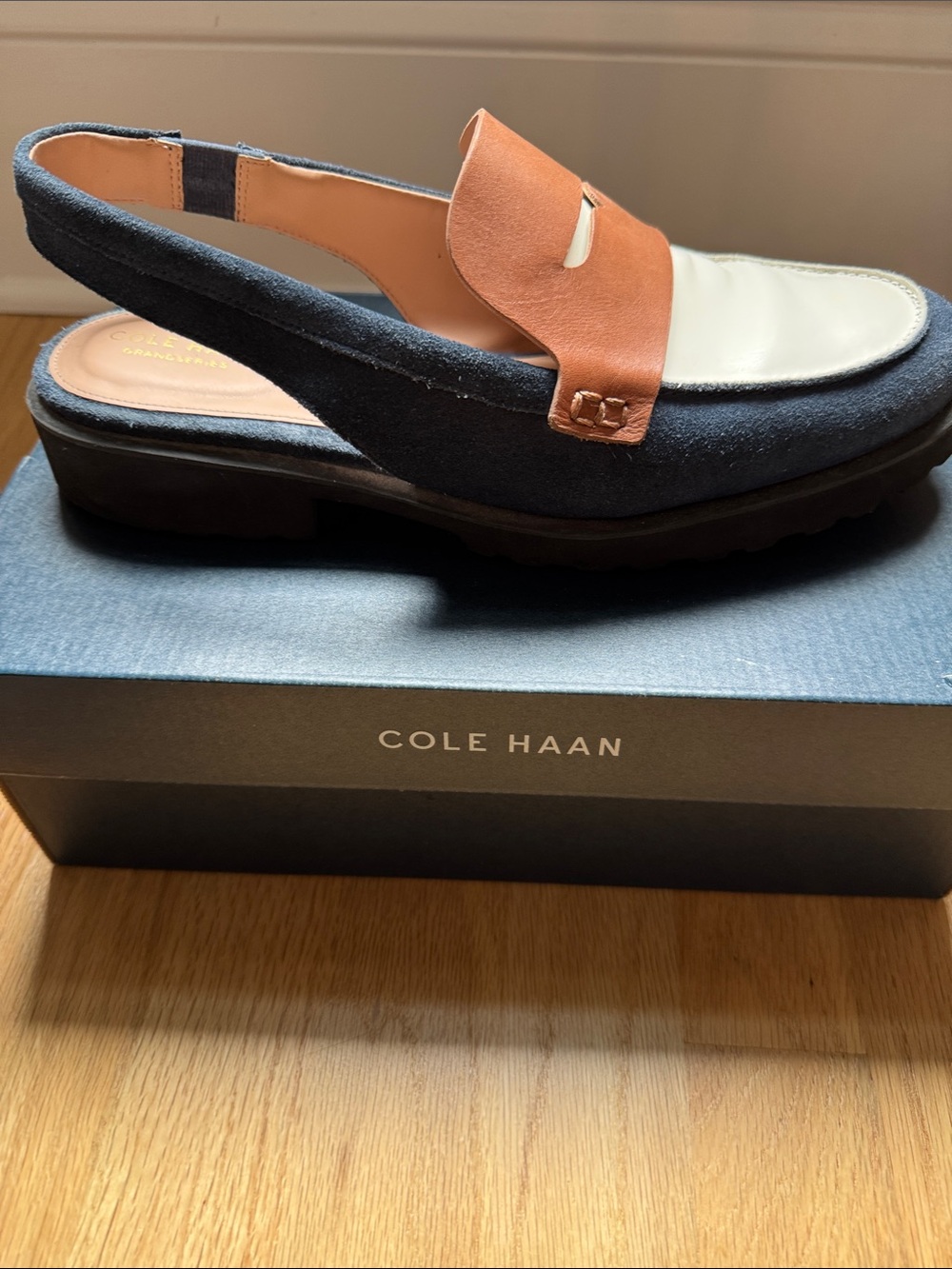 Cole Haan Navy, Brown & Cream Slingback Loafer Mule